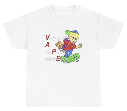 Funny "VAPE Kid Retro Graphic" t shirt featuring the ironic phrase "Very Good At Respecting Women" with a retro skateboard graphic. Perfect for fans of sarcastic humor and retro designs. Great for casual wear or gag gifts.