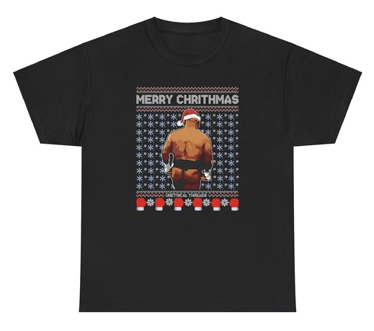 Funny "Merry Chrithmas" shirt featuring Mike Tyson’s lisp humor and viral meme butt interview graphic. Perfect for casual wear, Christmas parties, and gag gifts.