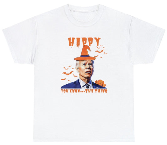 "Funny 'Happy The Thing' t-shirt featuring Halloween humor and political jokes about Joe Biden and Trump, perfect for fans of witty and sarcastic designs."

