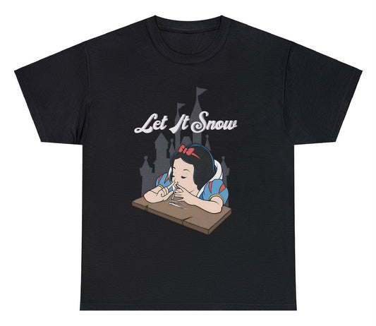 "Playful 'Let It Snow - Snow White' t-shirt featuring clever wordplay and pop culture references, perfect for Disney and humor fans."

