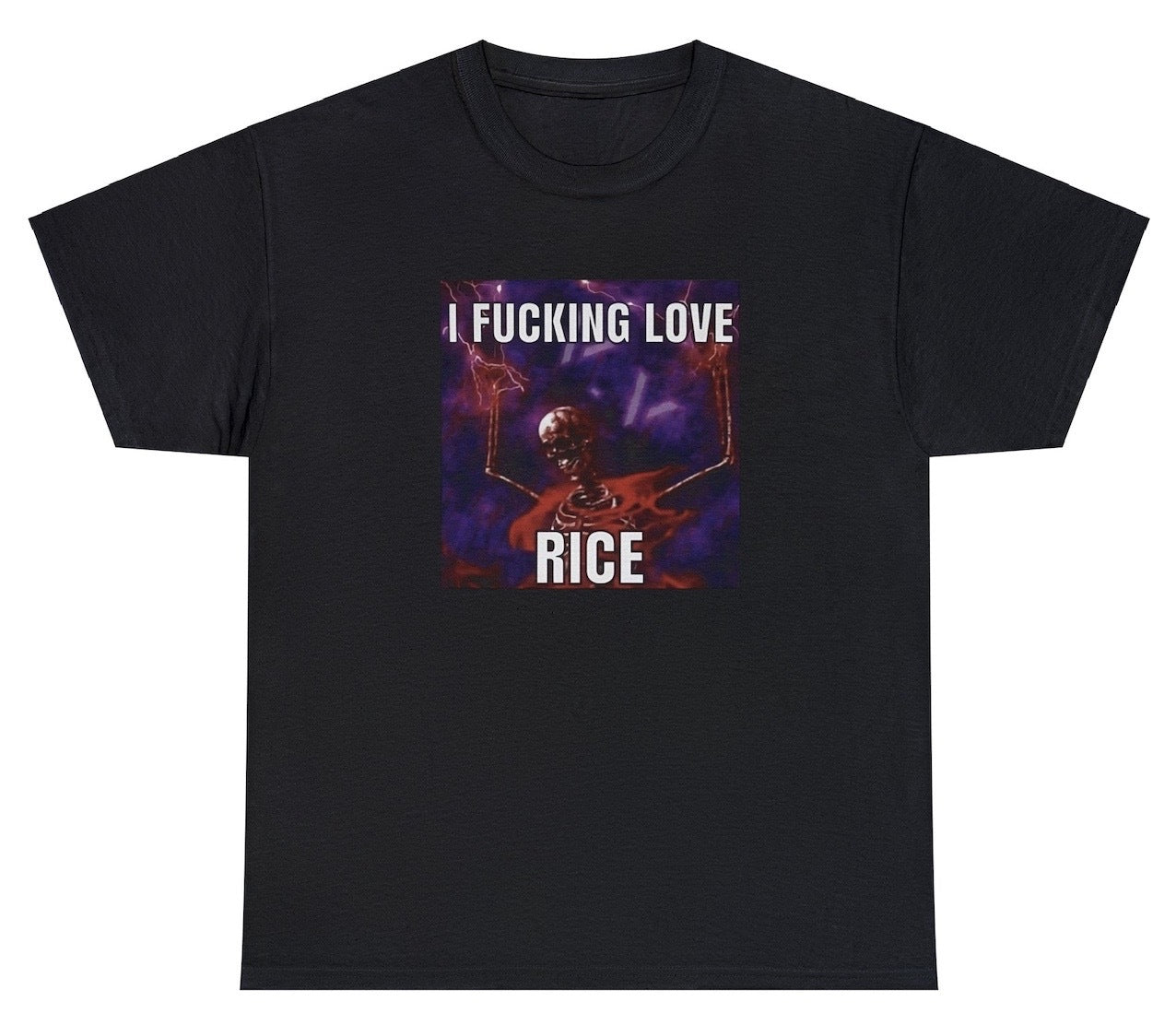 "Bold 'I Fucking Love Rice' t-shirt featuring playful food-themed humor, perfect for fans of quirky designs and food lovers."

