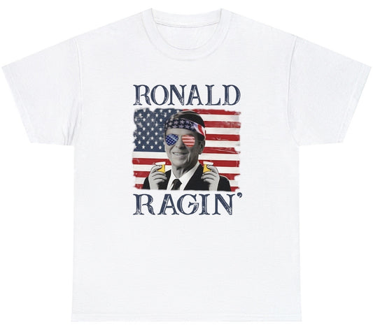 Funny Ronald Ragin T-Shirt featuring humorous Ronald Reagan design, perfect for political satire and patriotic humor lovers.

