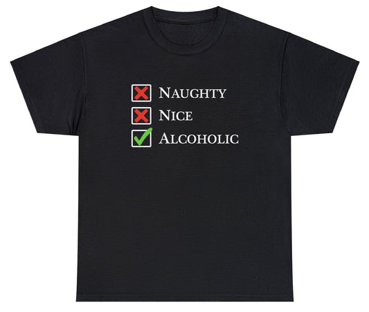 "Funny 'Naughty Nice Alcoholic' t-shirt featuring playful holiday humor, perfect for fans of bold, cheeky Christmas designs."

