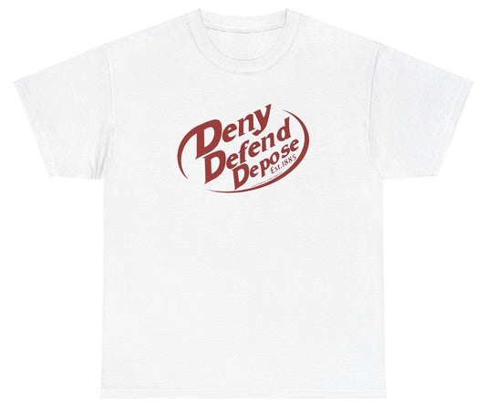 Funny "Deny Defend Depose" Dr Pepper shirt featuring a satirical soda parody with dark humor referencing Luigi Mangione. Perfect for casual wear and gag gifts.

