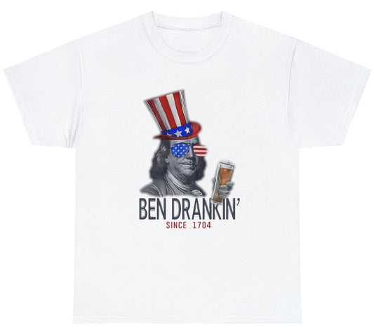 Funny Ben Drankin T-Shirt featuring Benjamin Franklin drinking humor, perfect for patriotic gatherings and American history fans.

