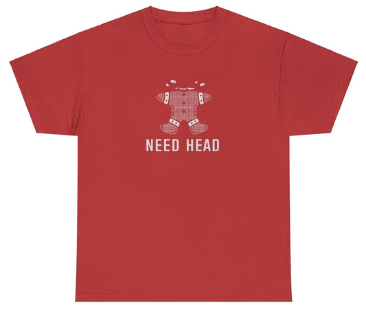 "Cheeky 'Need Head Gingerbread' t-shirt featuring playful holiday humor, perfect for fans of bold and witty Christmas designs."

