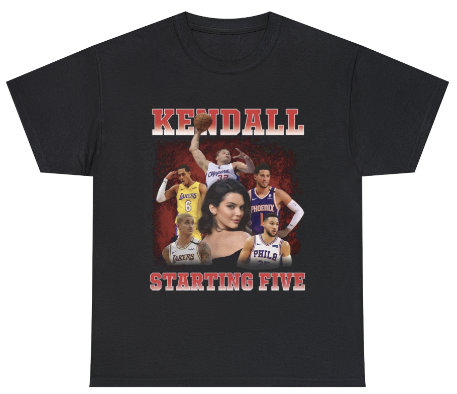 Funny Kendall Starting 5 T-Shirt featuring celebrity basketball meme humor, ideal for pop culture fans and casual wear.

