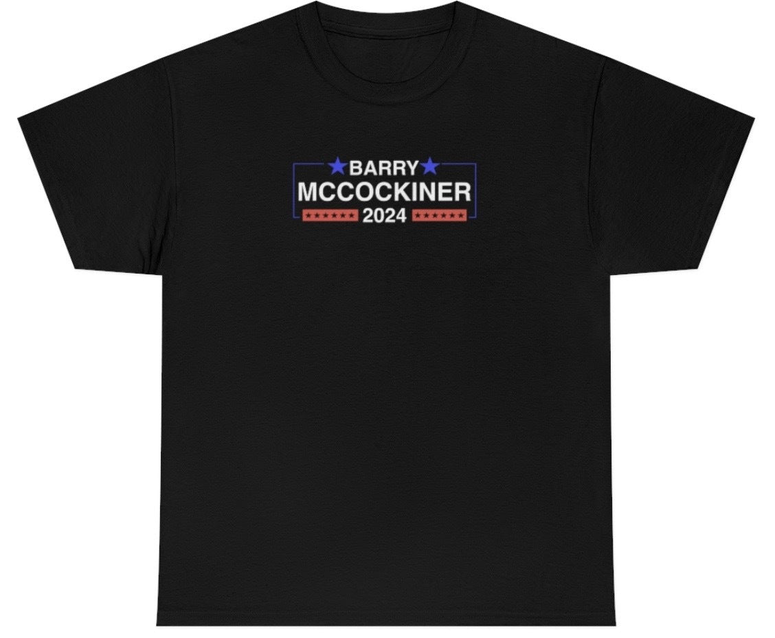 Funny Barry McCockiner 2024 T-Shirt featuring political satire and meme humor, perfect for casual wear and humor lovers.

